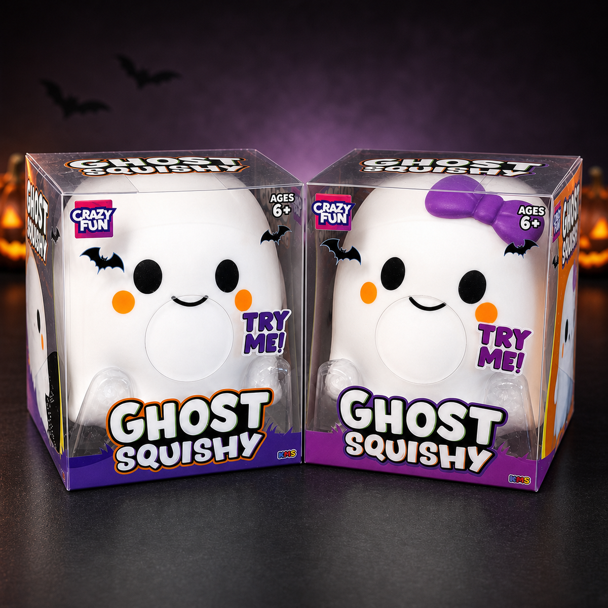 Ghost Boy and Ghost Girl boxed squishy set on a sharp Halloween studio background